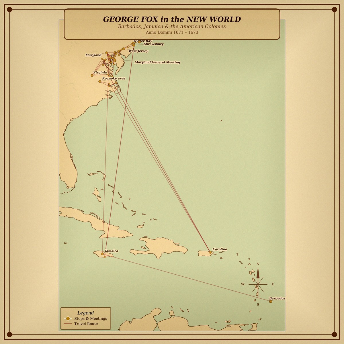 Map of George Fox's American journey